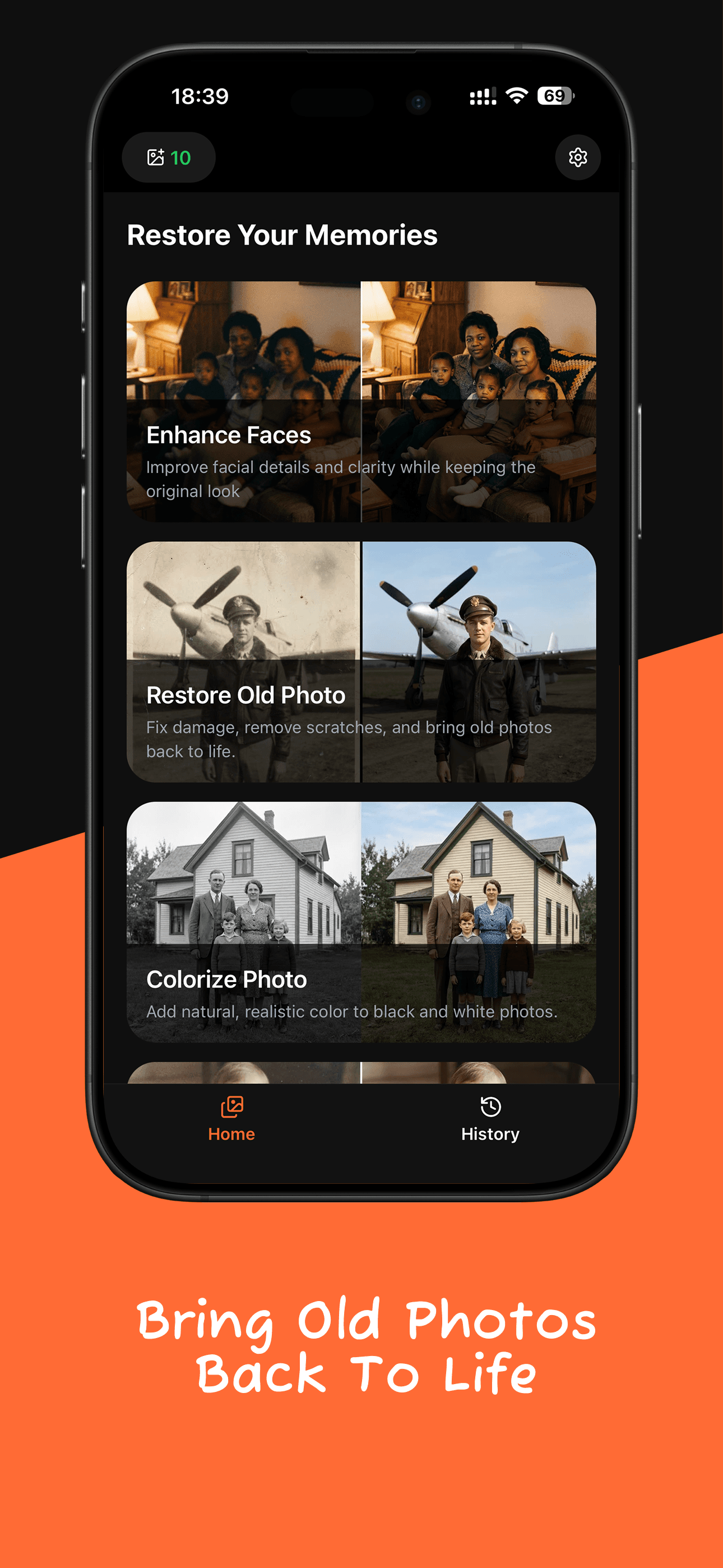 RetroPic home screen with Enhance Faces, Restore Old Photo and Colorize Photo tools