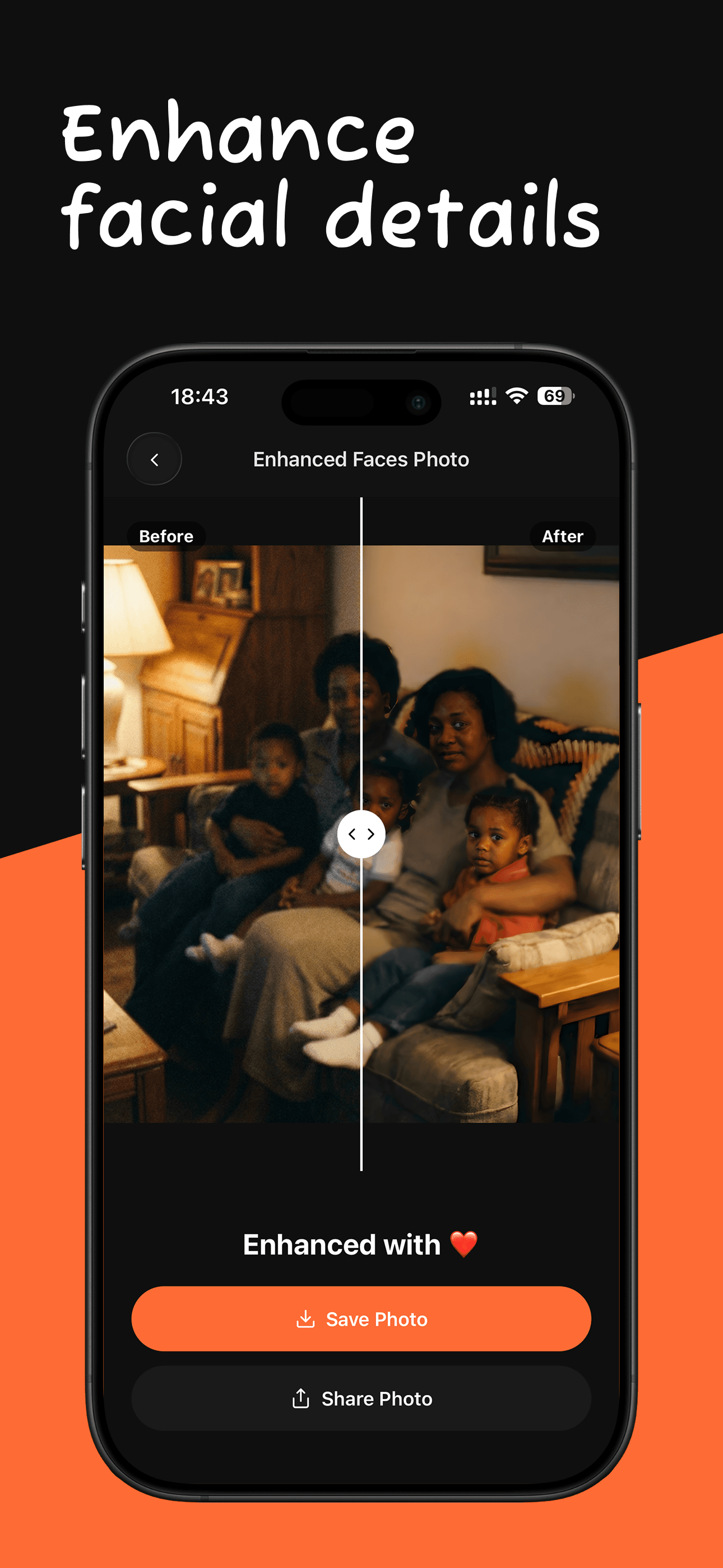 Enhance facial details in a dark old family photo