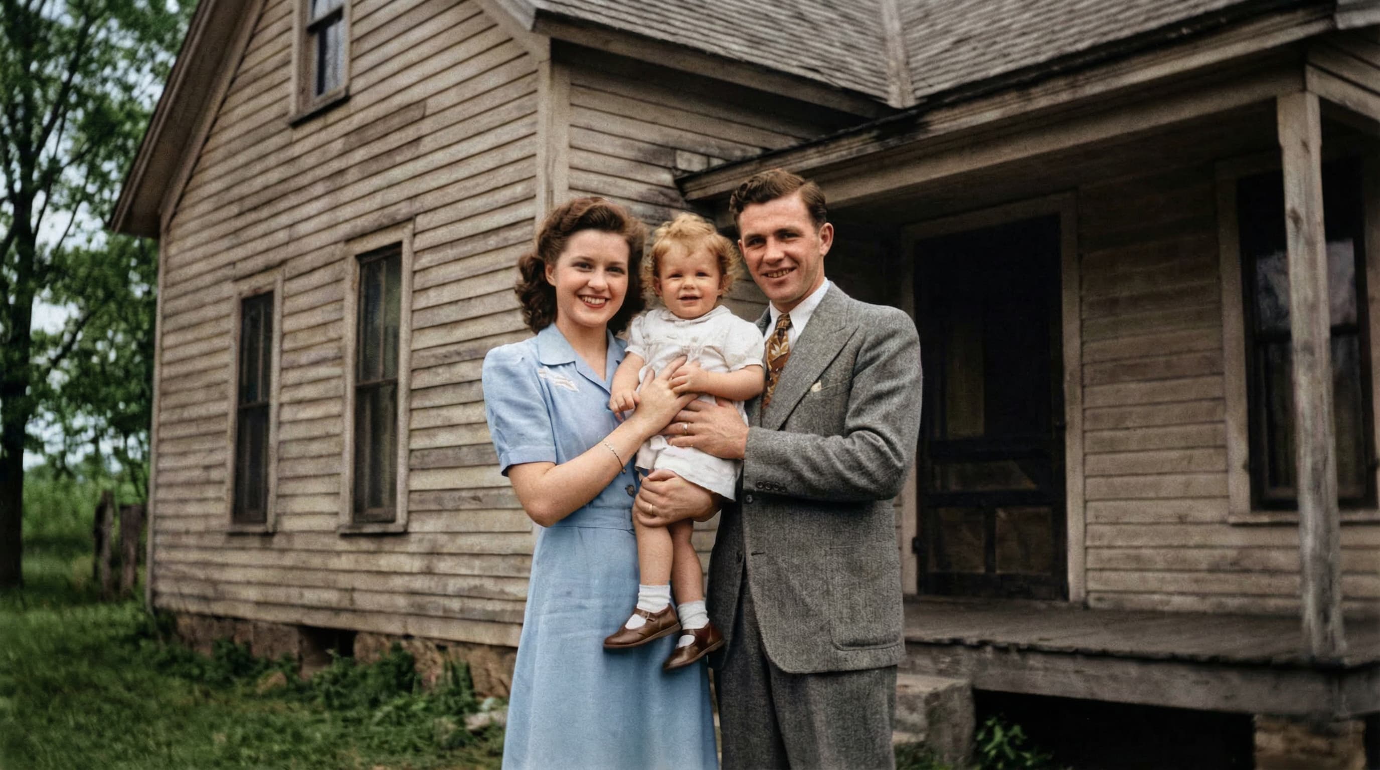Old family photo in front of a house — after