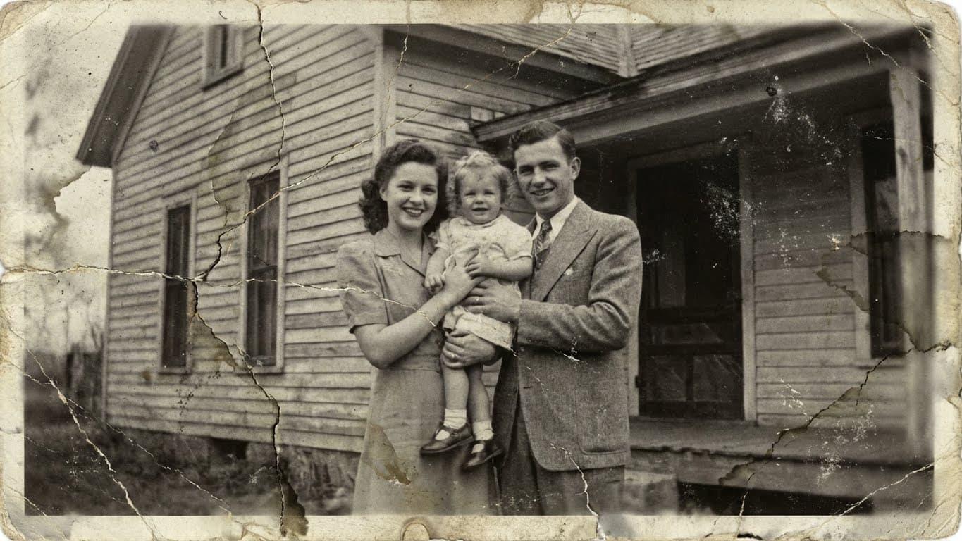 Old family photo in front of a house — before